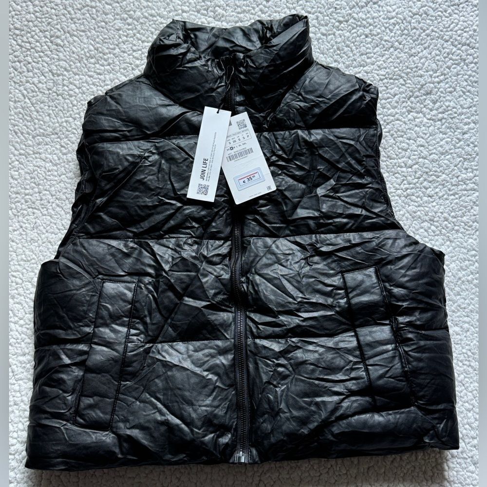 Zara Leather Crop Puffer Vest Jacket Solid Black Womens Small